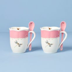 Lenox Premium Butterfly Meadow Pink Mugs with Spoons, Set of 2