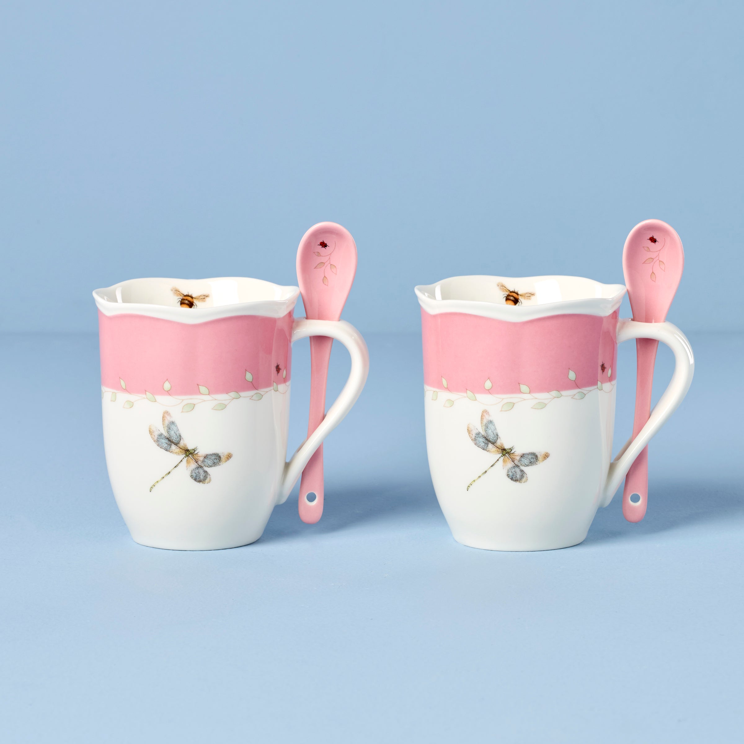 Lenox Premium Butterfly Meadow Pink Mugs with Spoons, Set of 2
