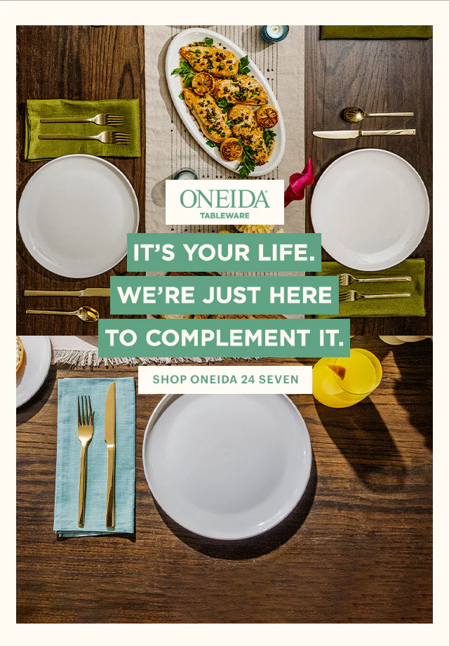 Oneida tableware set on a wooden table with promotional text overlay.