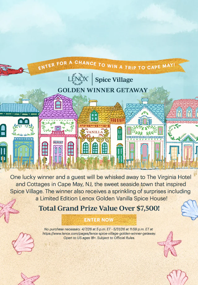 Lenox Spice Village Golden Winner Getaway advertisement with colorful houses and a beach theme.