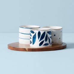 Lenox Premium Blue Bay Snack Bowls with Wood Tray, Set of 3
