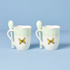 Alternative view of Lenox Premium Butterfly Meadow Green Mugs with Spoons, Set of 2
