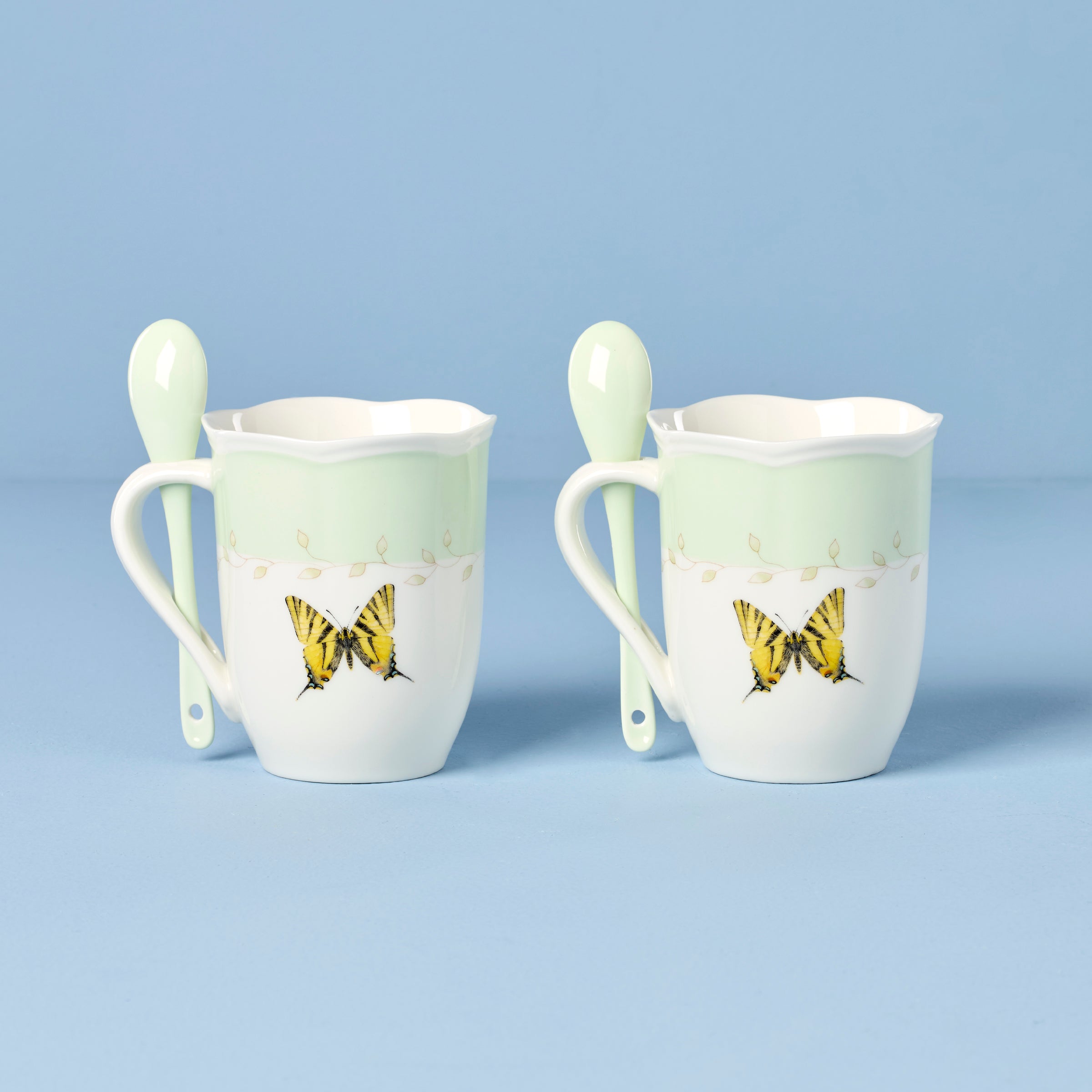 Lenox Premium Butterfly Meadow Green Mugs with Spoons, Set of 2 - Image 2