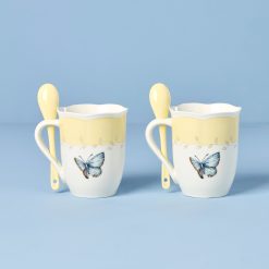 Alternative view of Lenox Premium Butterfly Meadow Yellow Mugs with Spoons, Set of 2