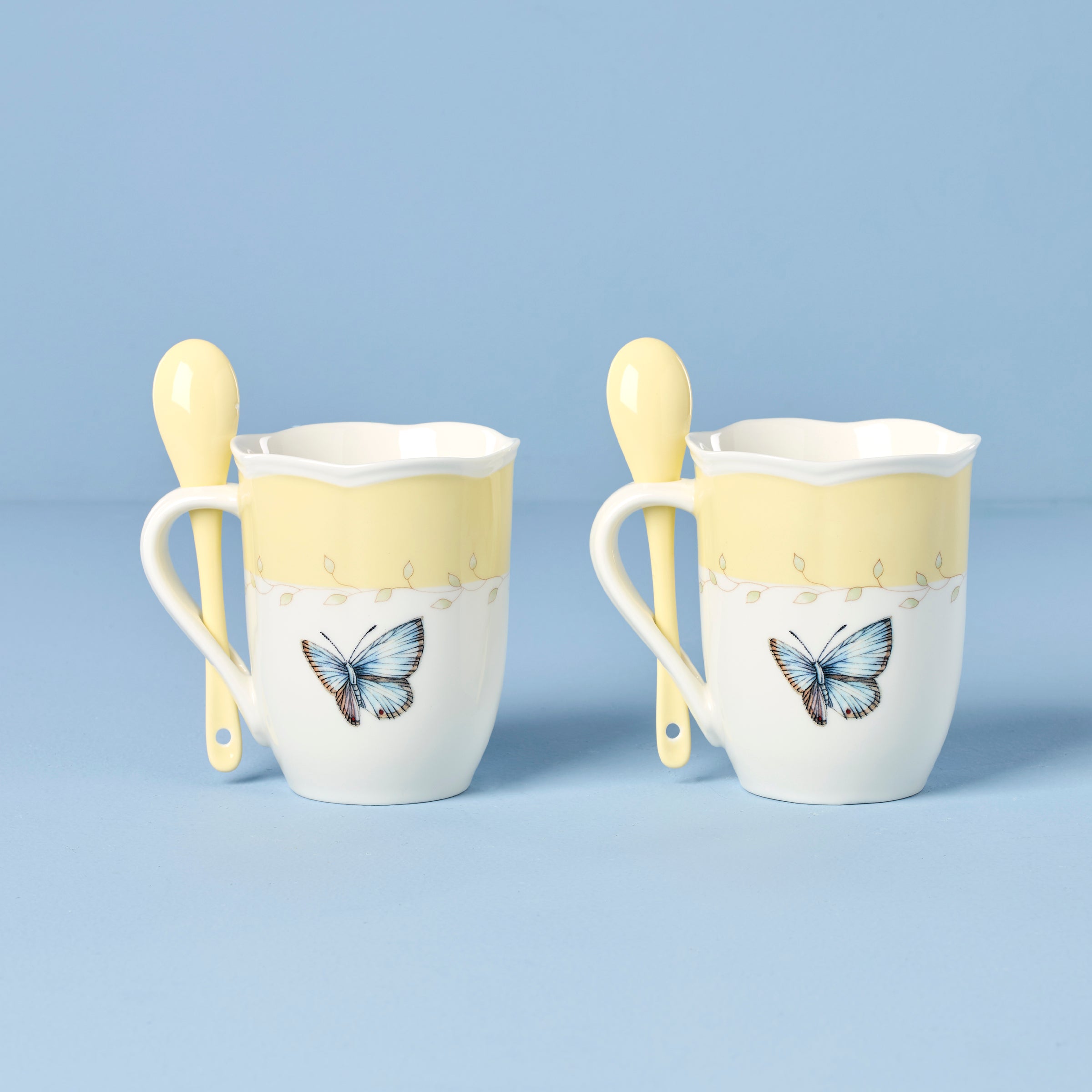 Lenox Premium Butterfly Meadow Yellow Mugs with Spoons, Set of 2 - Image 2