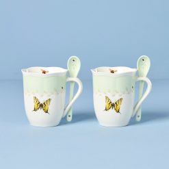 Lenox Premium Butterfly Meadow Green Mugs with Spoons, Set of 2