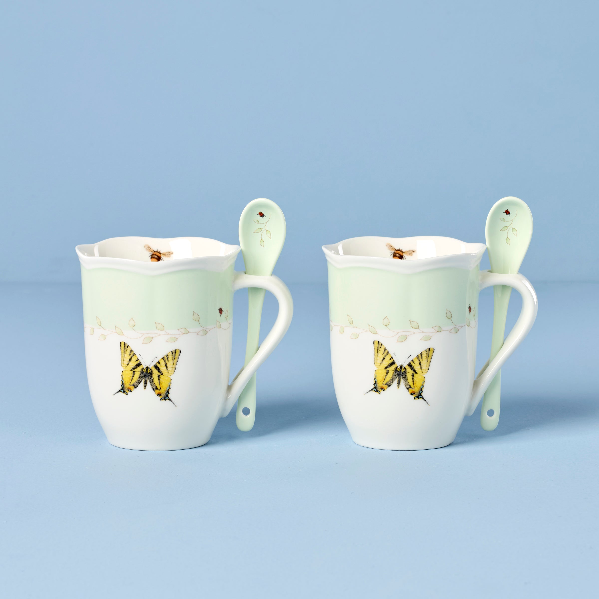 Lenox Premium Butterfly Meadow Green Mugs with Spoons, Set of 2