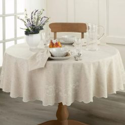 Lenox Premium French Perle Linen Embroidered 70x70 Round Tablecloth