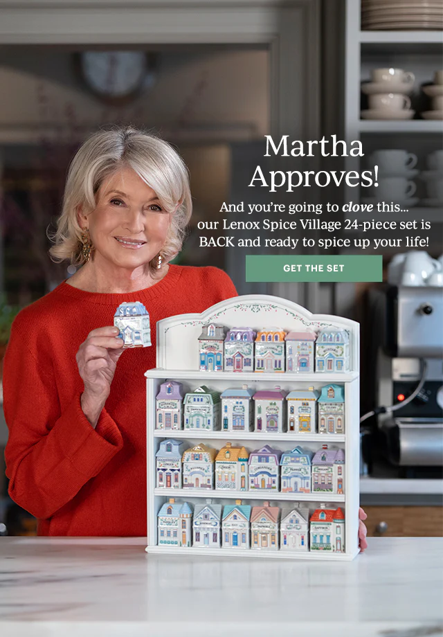 Woman holding a Lenox Spice Village set with promotional text overlay
