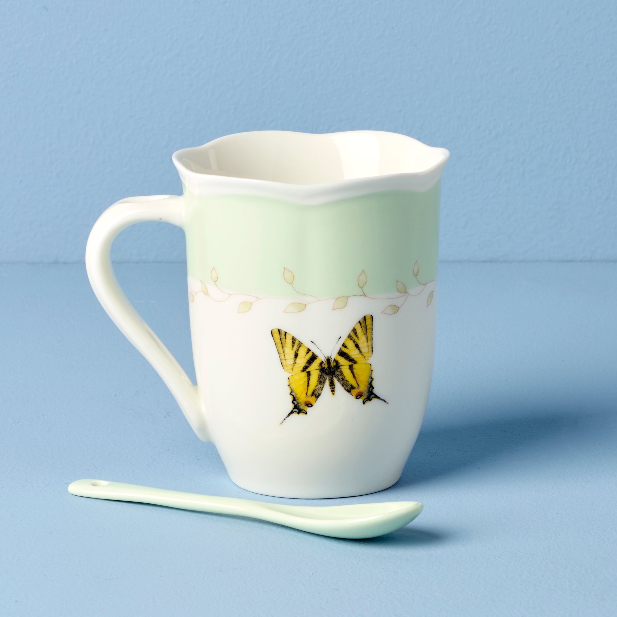 Lenox Premium Butterfly Meadow Green Mugs with Spoons, Set of 2 - Image 4