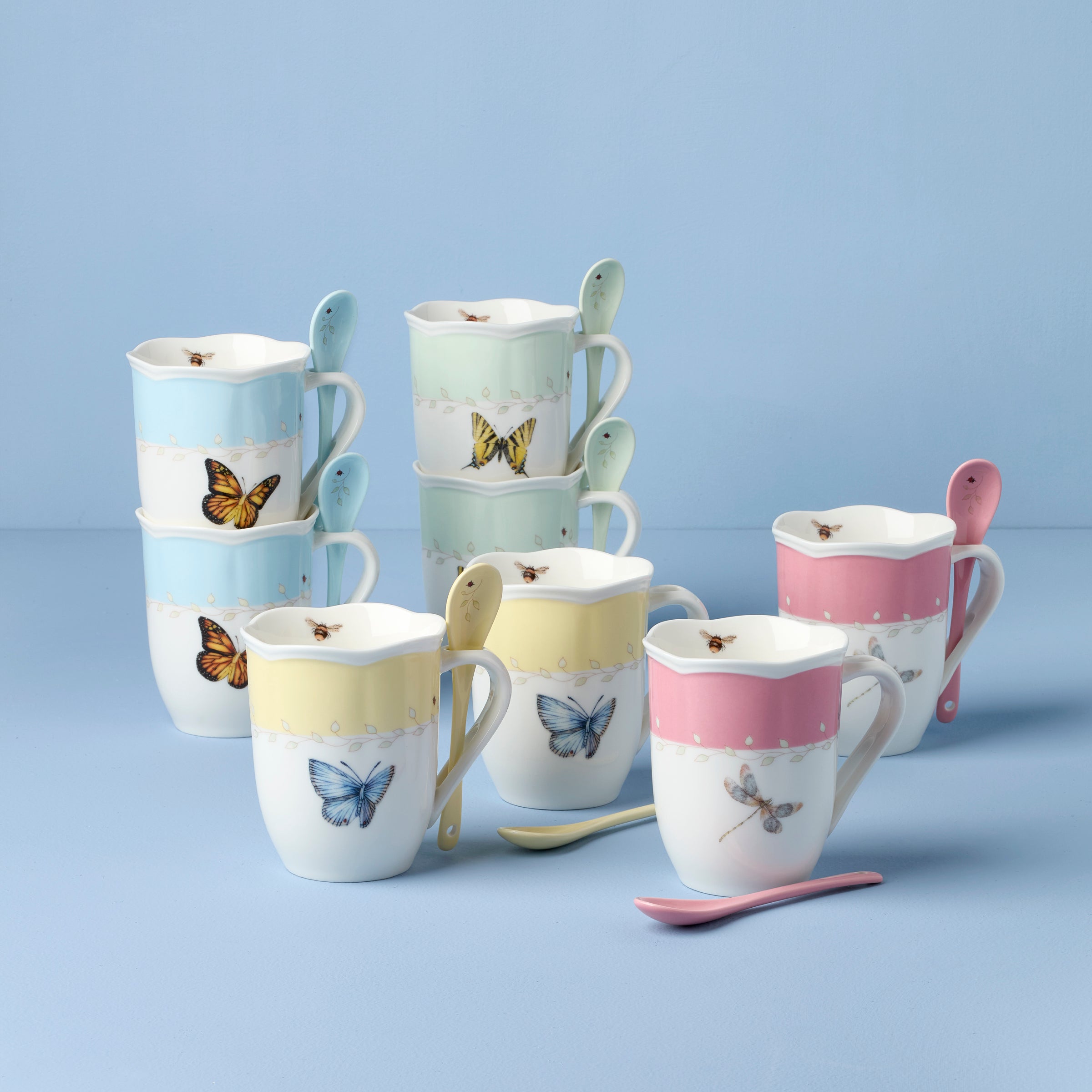 Lenox Premium Butterfly Meadow Color Mugs with Spoons, Set of 8