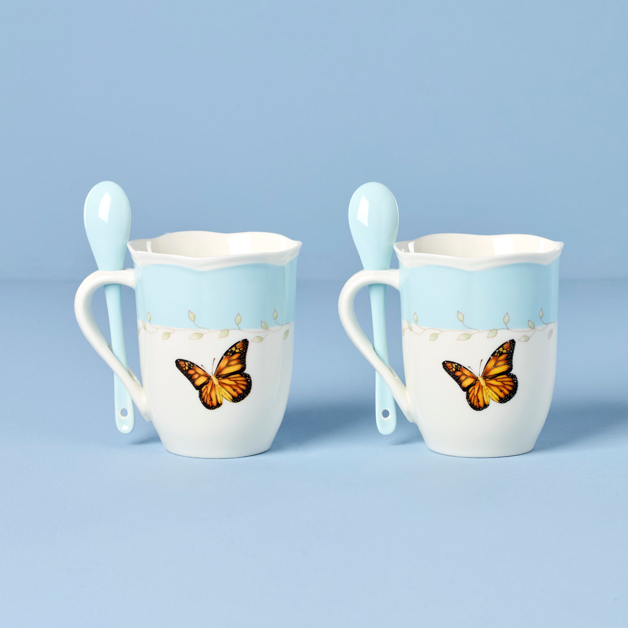 Lenox Premium Butterfly Meadow Blue Mugs with Spoons, Set of 2 - Image 2