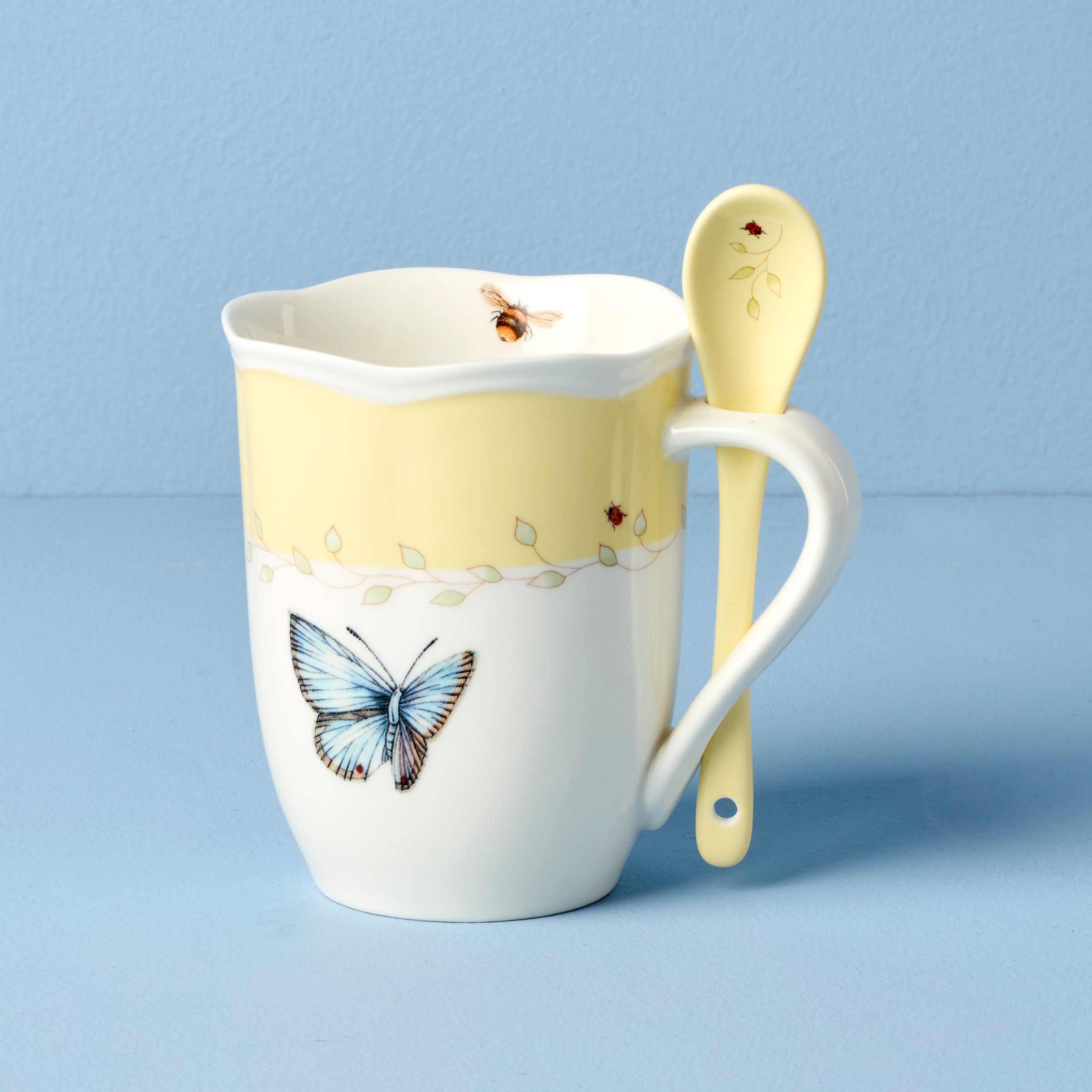Lenox Premium Butterfly Meadow Yellow Mugs with Spoons, Set of 2 - Image 3