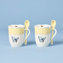 Lenox Premium Butterfly Meadow Yellow Mugs with Spoons, Set of 2
