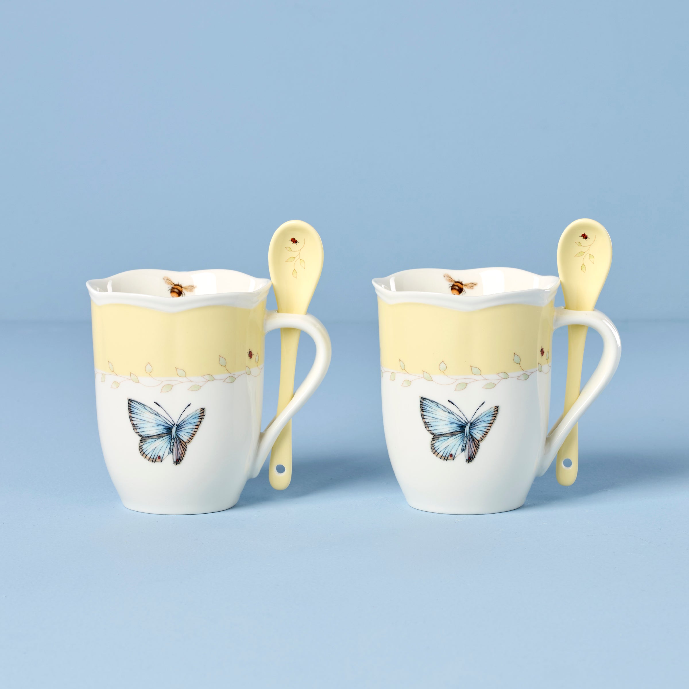 Lenox Premium Butterfly Meadow Yellow Mugs with Spoons, Set of 2