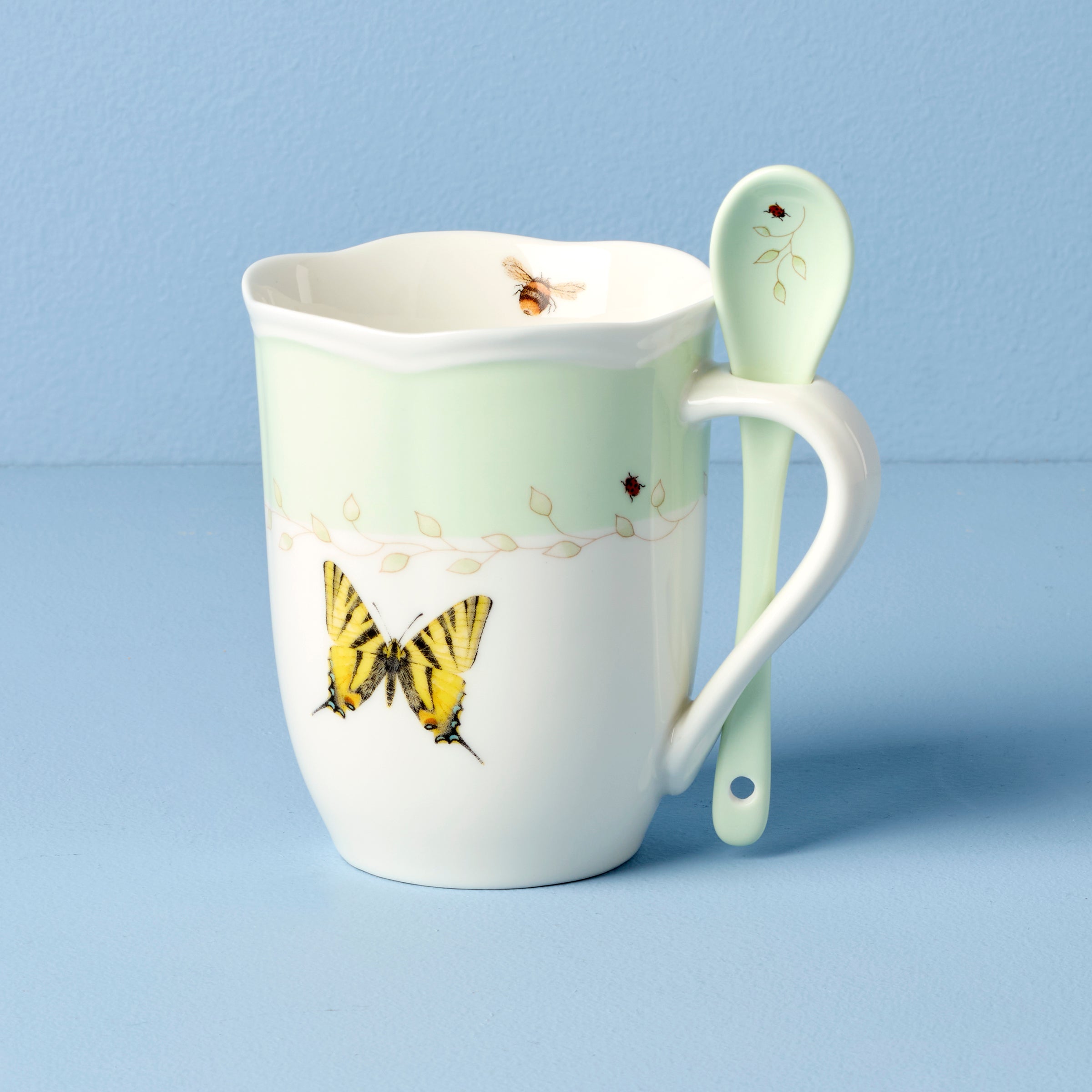 Lenox Premium Butterfly Meadow Green Mugs with Spoons, Set of 2 - Image 3