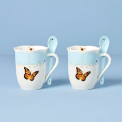 Lenox Premium Butterfly Meadow Blue Mugs with Spoons, Set of 2
